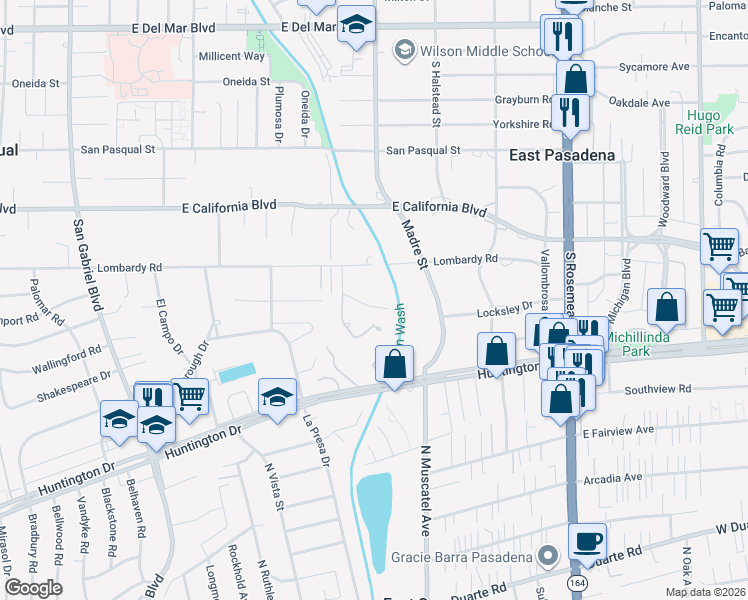 map of restaurants, bars, coffee shops, grocery stores, and more near 900 Chapea Road in Pasadena