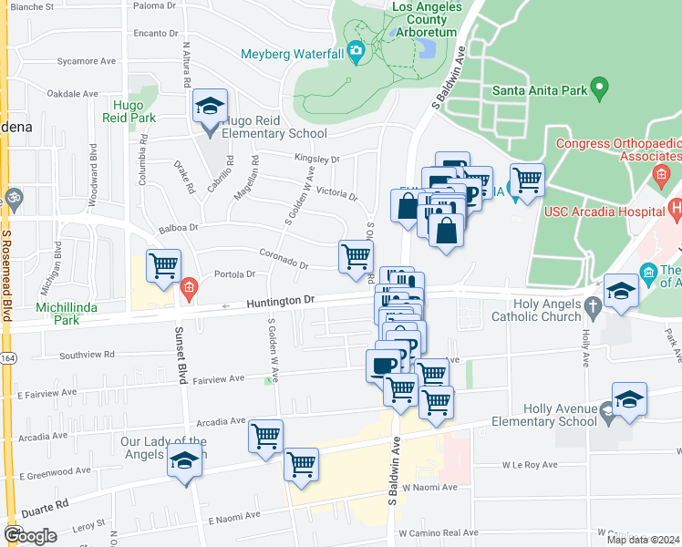 map of restaurants, bars, coffee shops, grocery stores, and more near 830 Coronado Drive in Arcadia