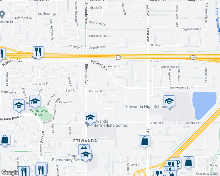map of restaurants, bars, coffee shops, grocery stores, and more near 13060 Carnesi Drive in Rancho Cucamonga