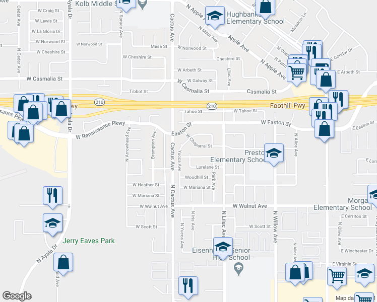 map of restaurants, bars, coffee shops, grocery stores, and more near 19364 Anaconda Street in Rialto