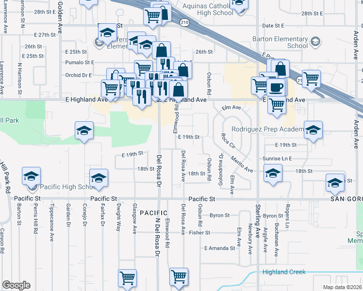 map of restaurants, bars, coffee shops, grocery stores, and more near 6677 Del Rosa Avenue in San Bernardino