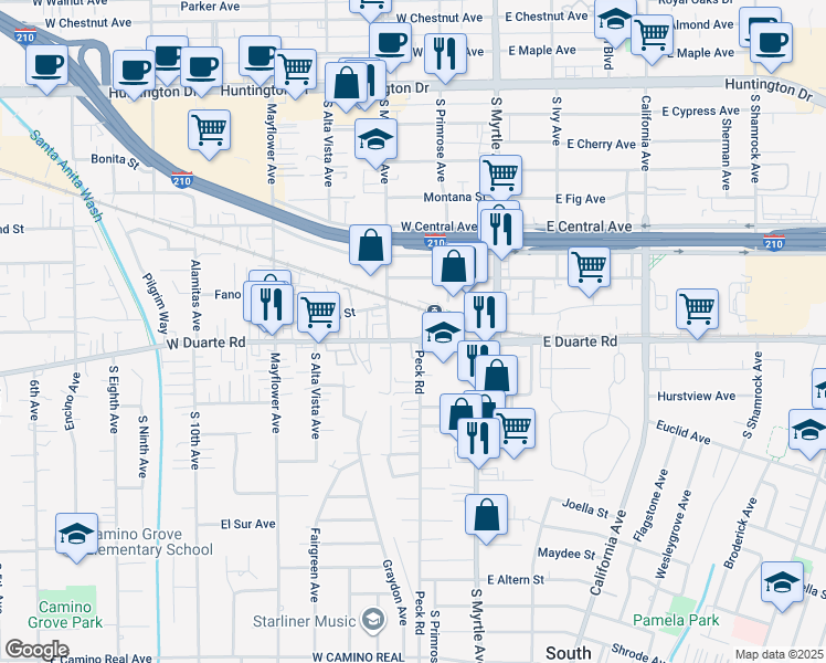 map of restaurants, bars, coffee shops, grocery stores, and more near 225 West Duarte Road in Monrovia
