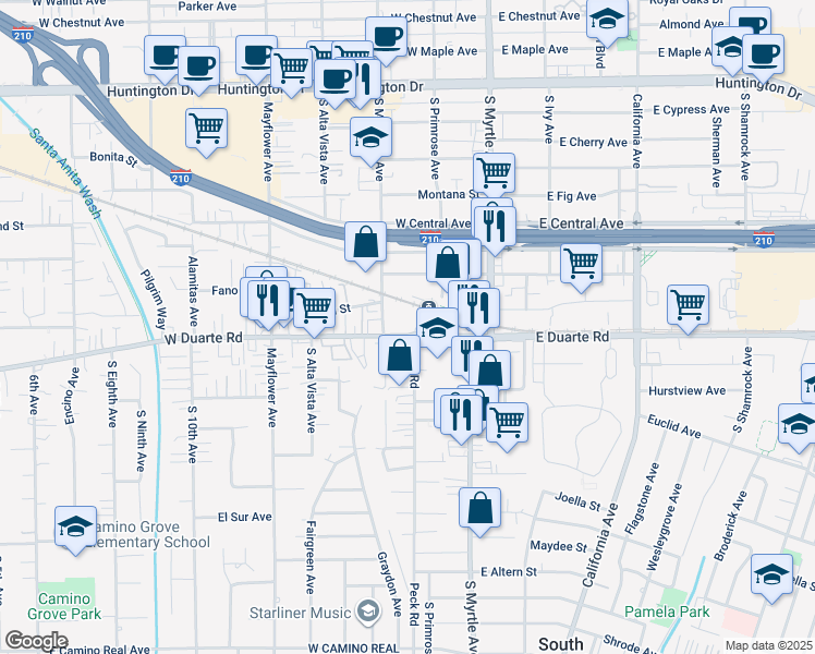 map of restaurants, bars, coffee shops, grocery stores, and more near 225 West Duarte Road in Monrovia