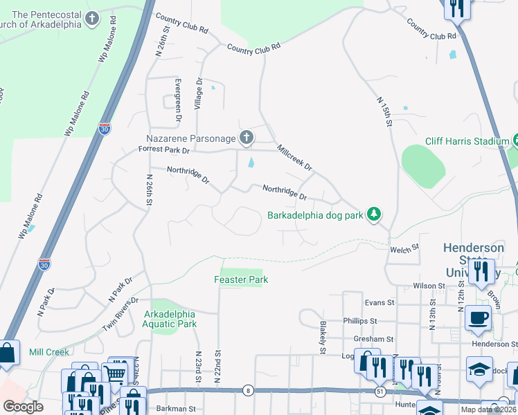map of restaurants, bars, coffee shops, grocery stores, and more near 29 Timber Ridge Circle in Arkadelphia