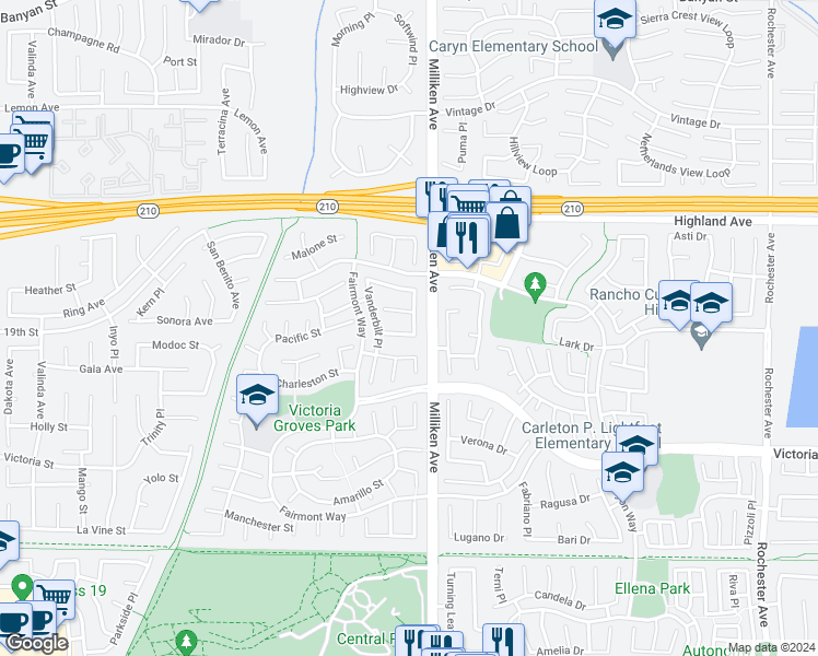map of restaurants, bars, coffee shops, grocery stores, and more near 11280 Bethany Drive in Rancho Cucamonga