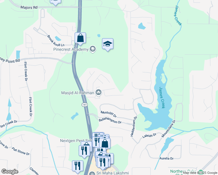 map of restaurants, bars, coffee shops, grocery stores, and more near 1555 Diplomat Drive in Cumming