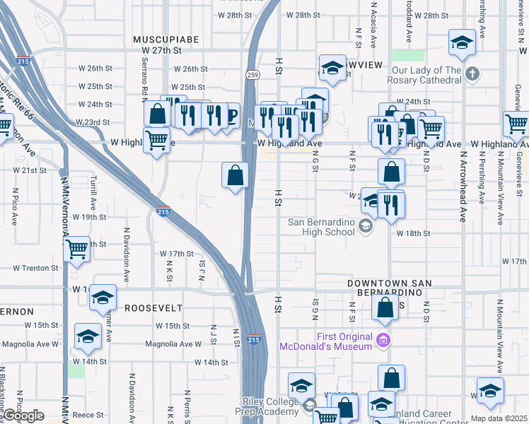 map of restaurants, bars, coffee shops, grocery stores, and more near 840 West 19th Street in San Bernardino