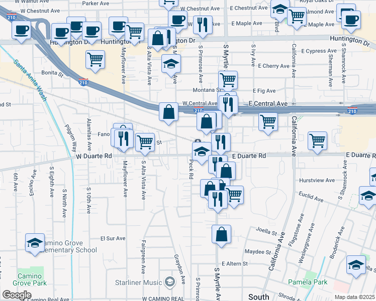 map of restaurants, bars, coffee shops, grocery stores, and more near 205 West Duarte Road in Monrovia