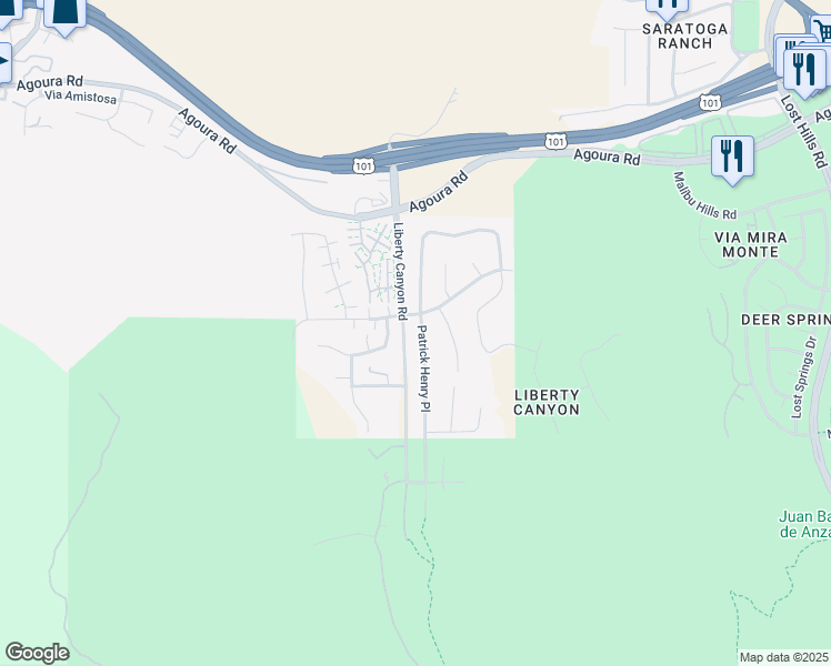 map of restaurants, bars, coffee shops, grocery stores, and more near 3955 Patrick Henry Place in Agoura Hills