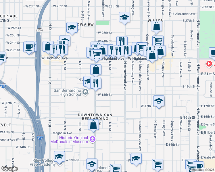 map of restaurants, bars, coffee shops, grocery stores, and more near 1900 North D Street in San Bernardino