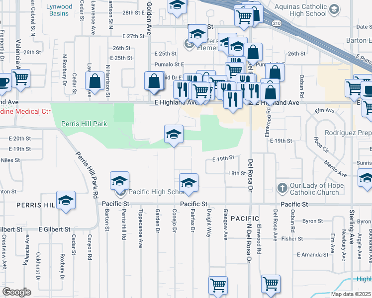 map of restaurants, bars, coffee shops, grocery stores, and more near 1369 Hillside Drive in San Bernardino