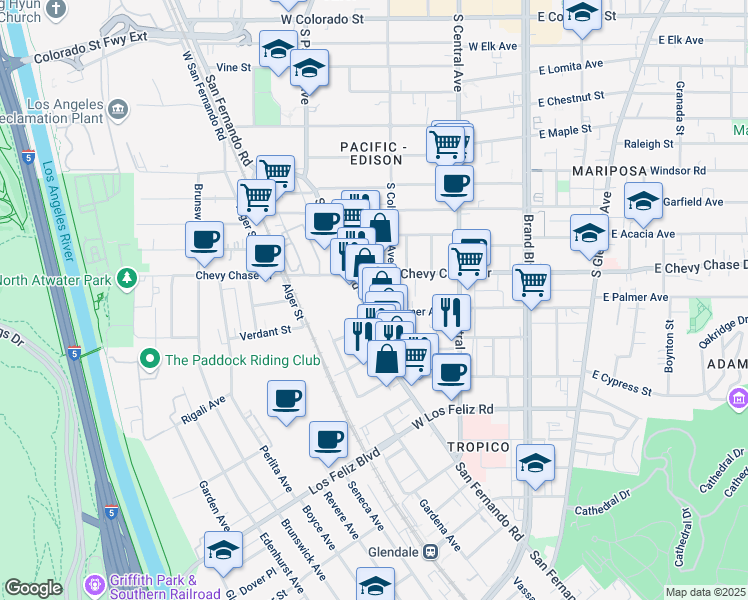 map of restaurants, bars, coffee shops, grocery stores, and more near 4400 San Fernando Road in Glendale
