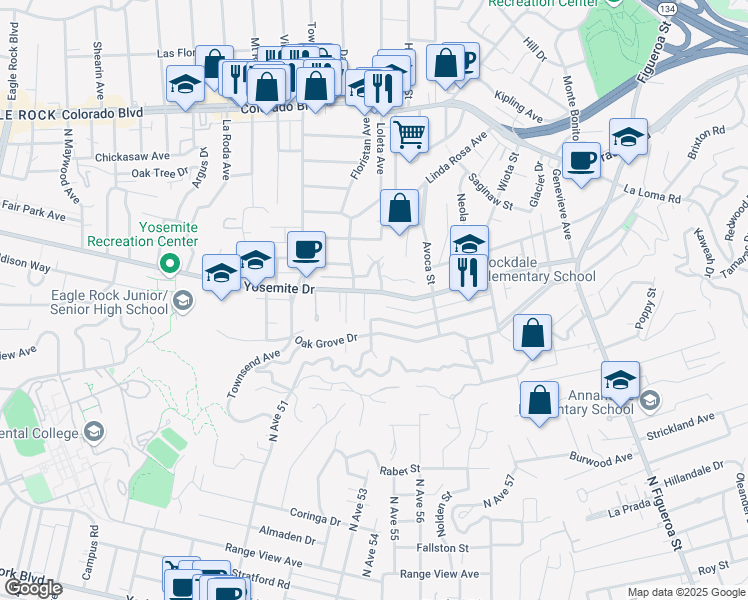 map of restaurants, bars, coffee shops, grocery stores, and more near 1510 Yosemite Drive in Los Angeles