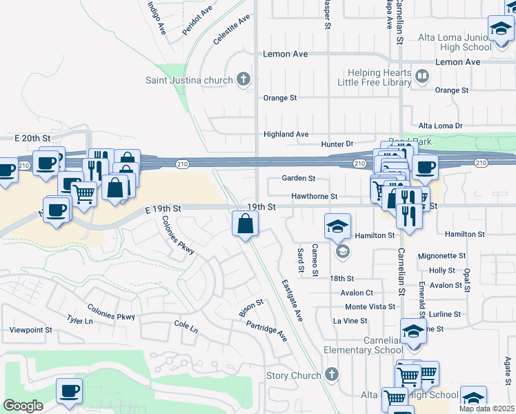 map of restaurants, bars, coffee shops, grocery stores, and more near 19th St & Sapphire St in Rancho Cucamonga