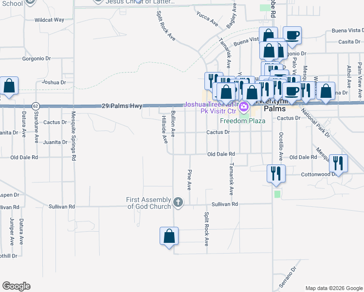 map of restaurants, bars, coffee shops, grocery stores, and more near 6664 Pine Avenue in Twentynine Palms