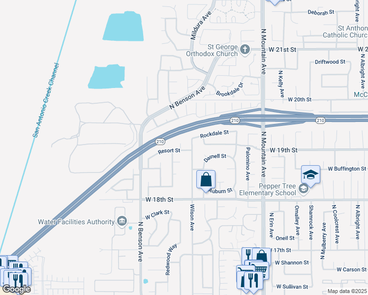 map of restaurants, bars, coffee shops, grocery stores, and more near 1904 Glenwood Way in Upland
