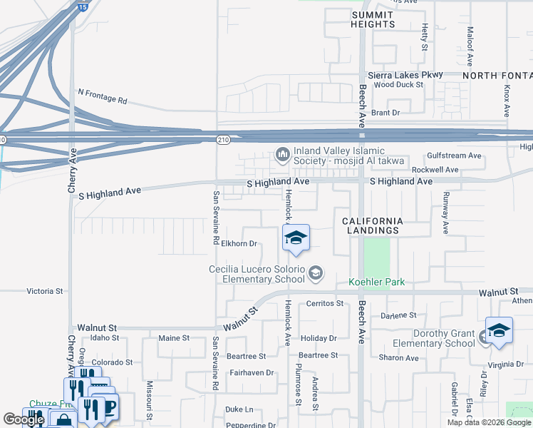 map of restaurants, bars, coffee shops, grocery stores, and more near 6683 Lucero Way in Fontana