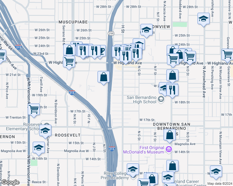 map of restaurants, bars, coffee shops, grocery stores, and more near 840 West 19th Street in San Bernardino