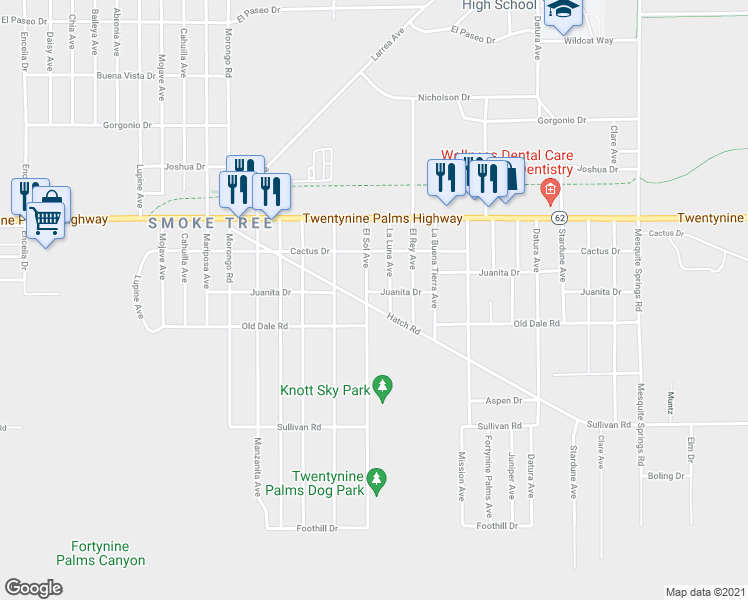 map of restaurants, bars, coffee shops, grocery stores, and more near 72355 Juanita Drive in Twentynine Palms