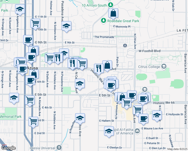 map of restaurants, bars, coffee shops, grocery stores, and more near 650 Cedarglen Drive in Azusa