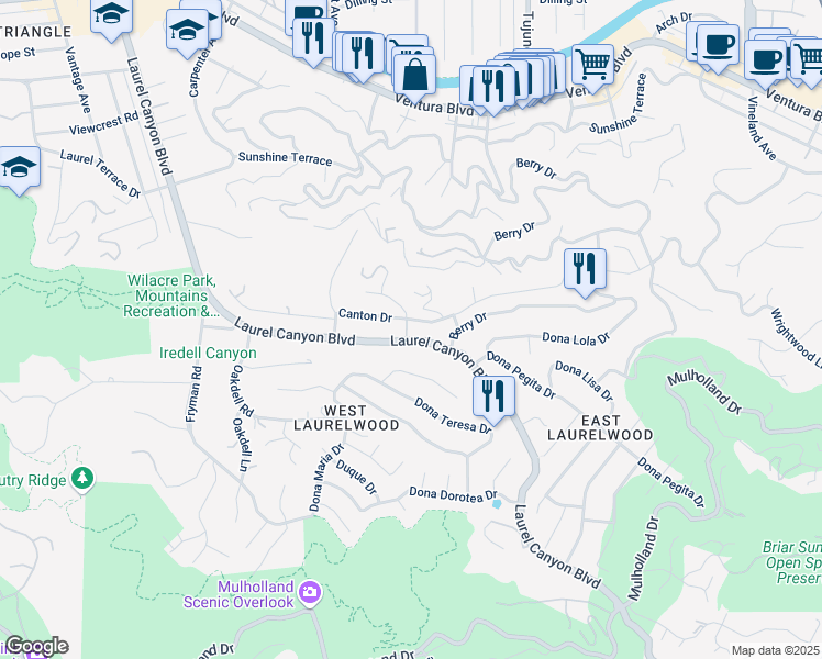 map of restaurants, bars, coffee shops, grocery stores, and more near 11464 Canton Drive in Los Angeles