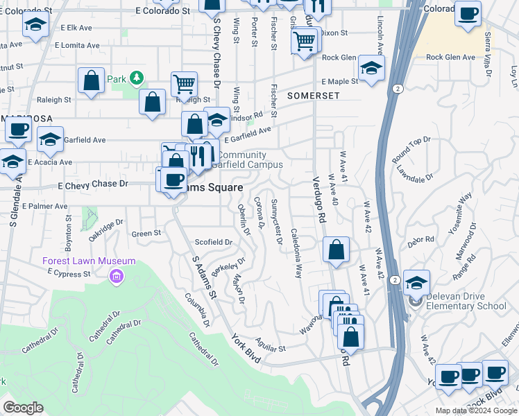 map of restaurants, bars, coffee shops, grocery stores, and more near 1241 Corona Drive in Glendale
