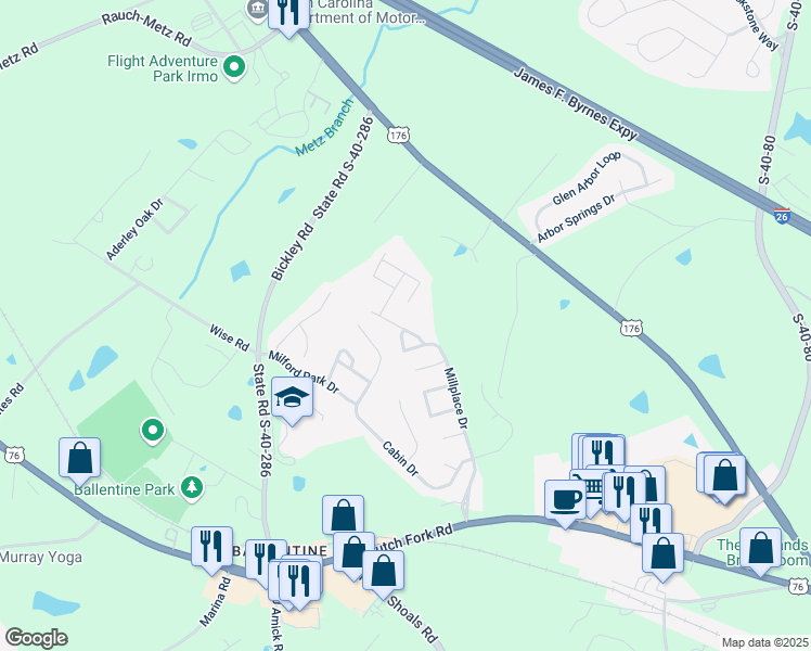 map of restaurants, bars, coffee shops, grocery stores, and more near 228 Bridgedale Drive in Irmo