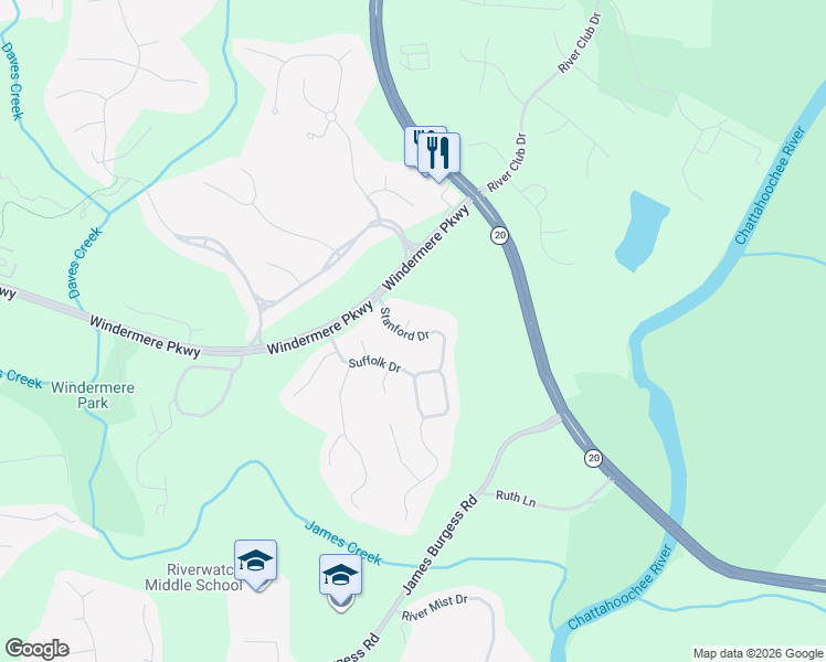 map of restaurants, bars, coffee shops, grocery stores, and more near 3840 Stanford Drive in Cumming