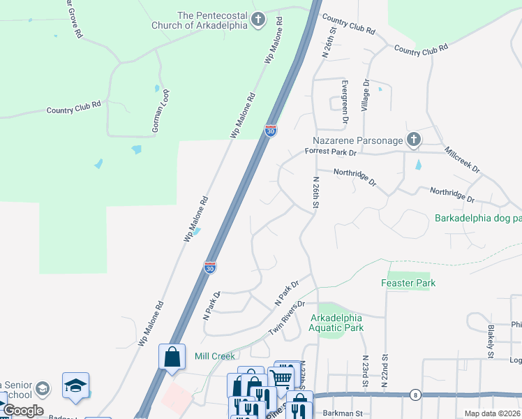 map of restaurants, bars, coffee shops, grocery stores, and more near 5 Ivy Circle in Arkadelphia