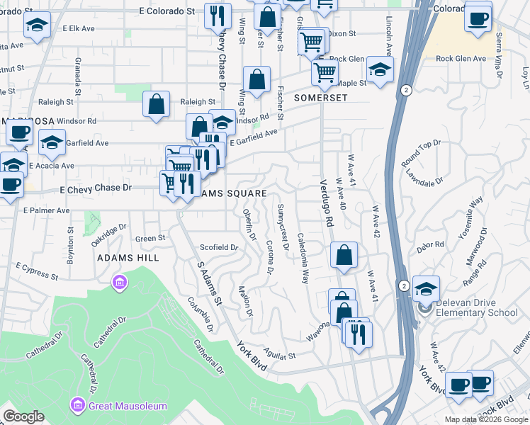 map of restaurants, bars, coffee shops, grocery stores, and more near 1241 Corona Drive in Glendale