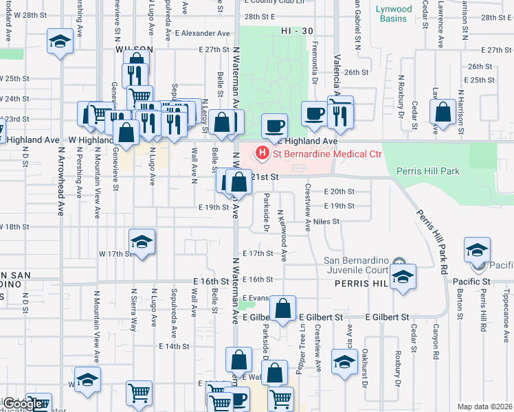 map of restaurants, bars, coffee shops, grocery stores, and more near 1911 Broadmoor Boulevard in San Bernardino