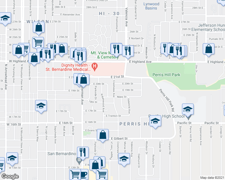 map of restaurants, bars, coffee shops, grocery stores, and more near 1912 Crestview Avenue in San Bernardino