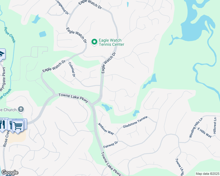 map of restaurants, bars, coffee shops, grocery stores, and more near 207 Colonial Drive in Woodstock