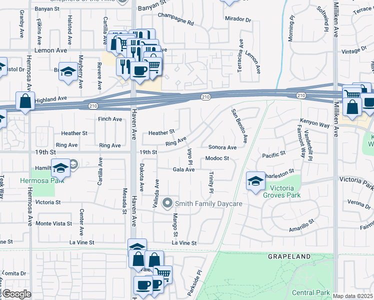 map of restaurants, bars, coffee shops, grocery stores, and more near 6700 Inyo Place in Rancho Cucamonga
