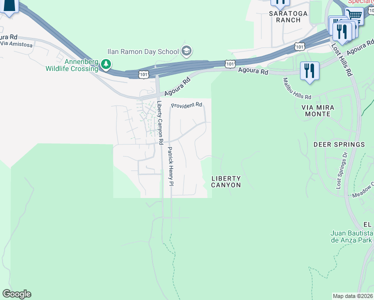 map of restaurants, bars, coffee shops, grocery stores, and more near 3950 United Road in Agoura Hills