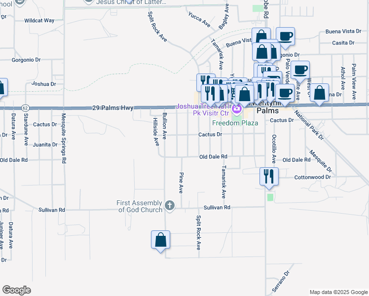 map of restaurants, bars, coffee shops, grocery stores, and more near 6666 Oasis Avenue in Twentynine Palms