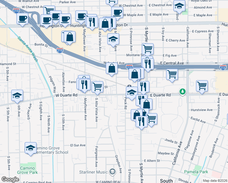 map of restaurants, bars, coffee shops, grocery stores, and more near 305 West Duarte Road in Monrovia