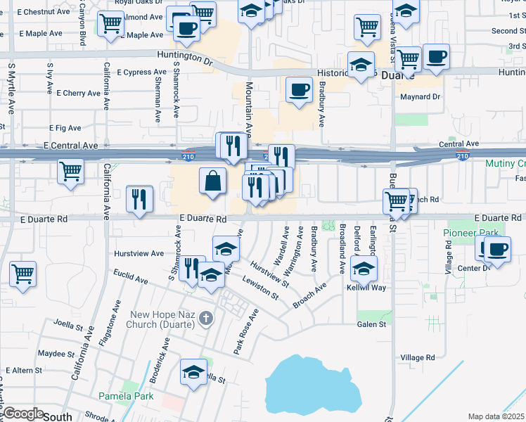 map of restaurants, bars, coffee shops, grocery stores, and more near 946 Hamilton Road in Duarte