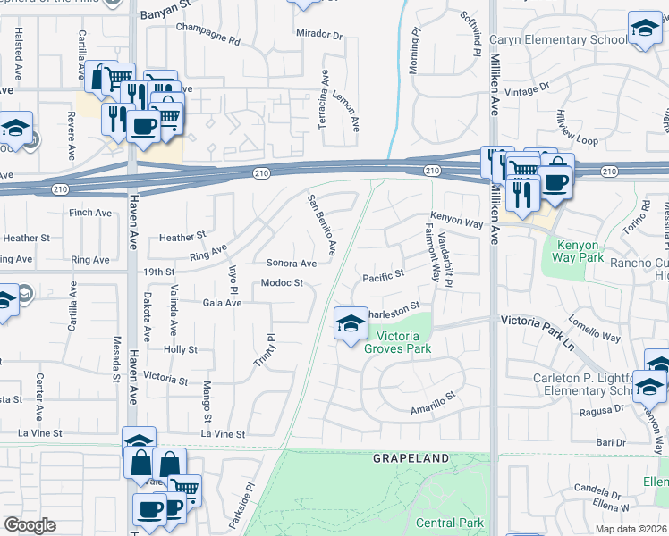 map of restaurants, bars, coffee shops, grocery stores, and more near 6596 Salem Court in Rancho Cucamonga