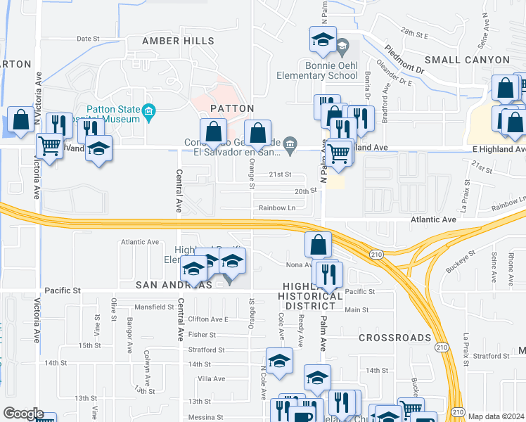 map of restaurants, bars, coffee shops, grocery stores, and more near 3425 Rainbow Lane in Highland