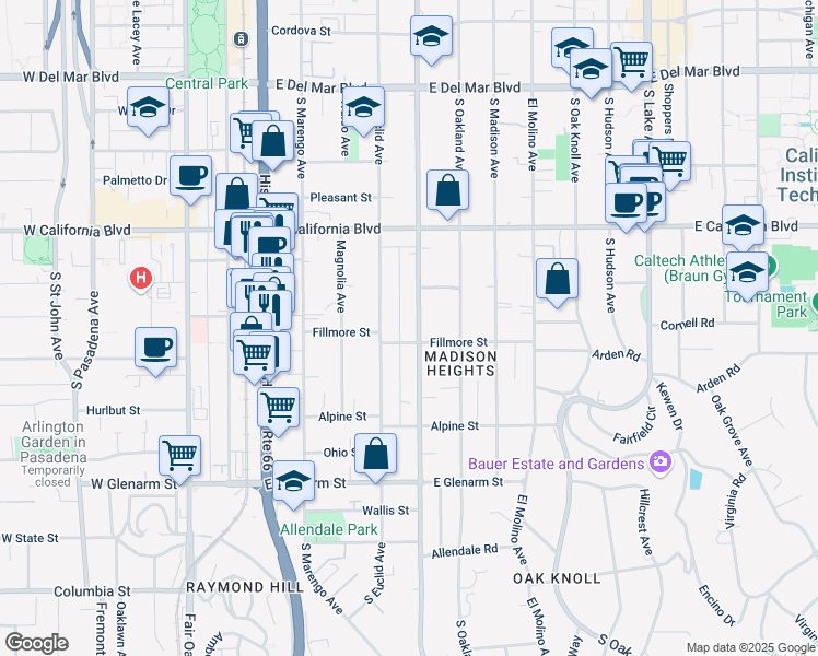 map of restaurants, bars, coffee shops, grocery stores, and more near 761 South Los Robles Avenue in Pasadena