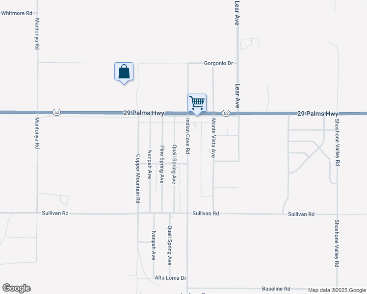 map of restaurants, bars, coffee shops, grocery stores, and more near 6636 Indian Cove Road in Twentynine Palms