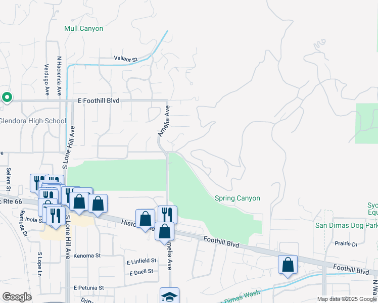map of restaurants, bars, coffee shops, grocery stores, and more near 2425 East Wildwood Canyon Drive in Glendora