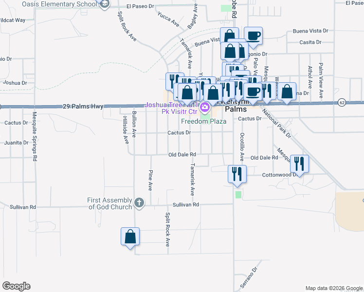 map of restaurants, bars, coffee shops, grocery stores, and more near 6667 Desert Queen Avenue in Twentynine Palms