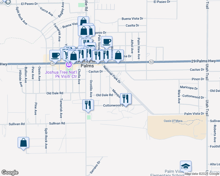 map of restaurants, bars, coffee shops, grocery stores, and more near 6672 Mesquite Avenue in Twentynine Palms