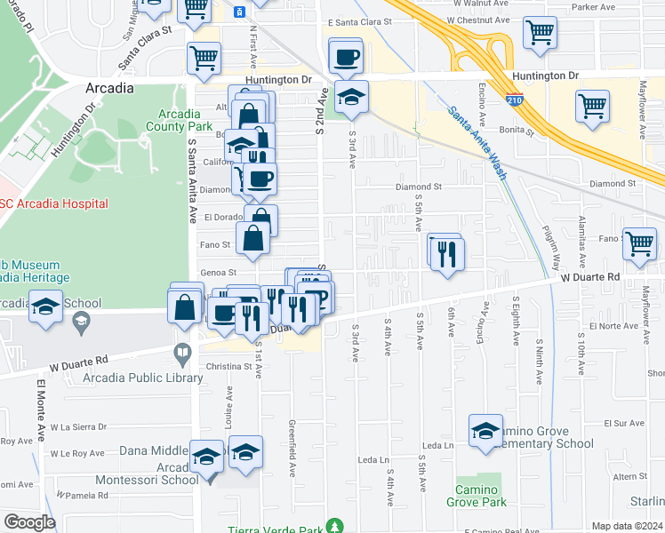 map of restaurants, bars, coffee shops, grocery stores, and more near 209 Genoa Street in Arcadia