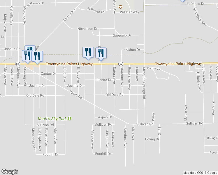 map of restaurants, bars, coffee shops, grocery stores, and more near 6657 Juniper Avenue in Twentynine Palms