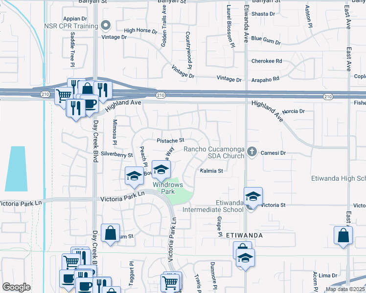 map of restaurants, bars, coffee shops, grocery stores, and more near 12584 Nasturtium Drive in Rancho Cucamonga