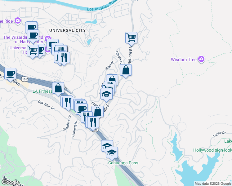 map of restaurants, bars, coffee shops, grocery stores, and more near 3370 Barham Boulevard in Los Angeles