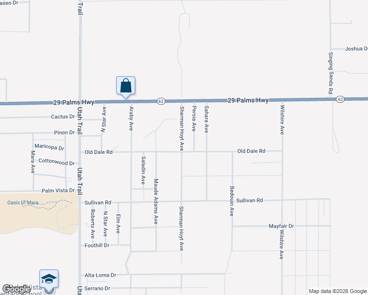 map of restaurants, bars, coffee shops, grocery stores, and more near 6663 Sherman Hoyt Avenue in Twentynine Palms